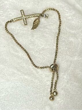 Cross Rhinestone Adjustable Gold Slide Bracelet with Wing and Rhinestone Charm